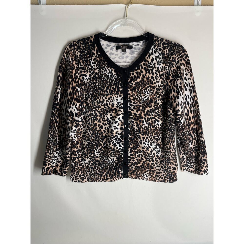 Alex Marie Juanna Cardigan Leopard Print 3/4 Sleeve Cotton Knit Size Medium